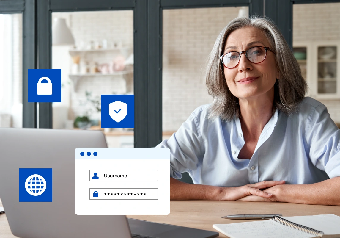 A visual of a woman working and some cybersecurity icons