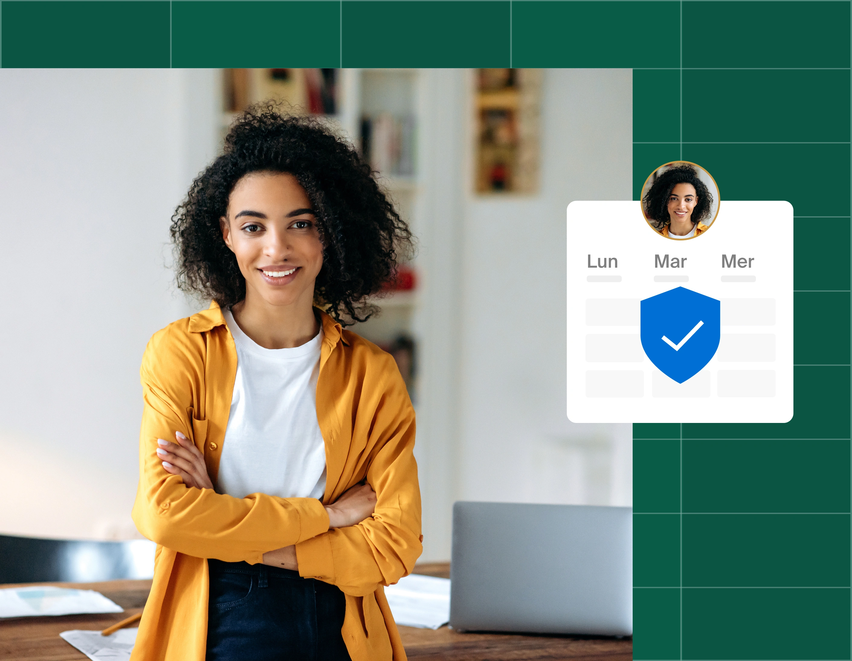 An image of a woman standing confidently with her arms crossed. To her right is a graphic of her booking page with a blue check mark indicating security. The image has a dark green grid as a background.