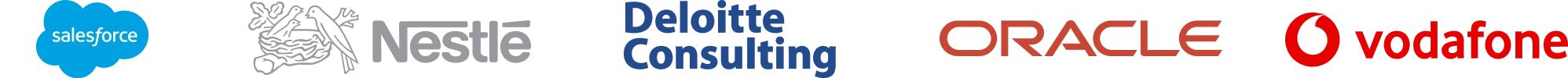 A group of logos including Salesforce, Nestlé, Deloitte Consulting, Oracle Corporation, Vodafone