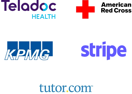 Logos of the five companies Tutor.com, Stripe, American Red Cross, KPMG Advisory, Teladoc Health