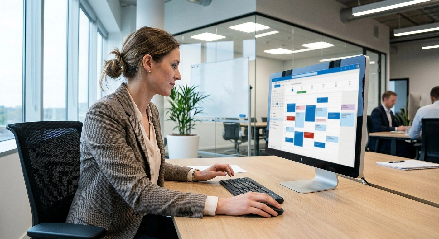 A corporate secretary in a modern office setting is coordinating a meeting schedule using a digital calendar on her computer, embodying organization and professionalism.