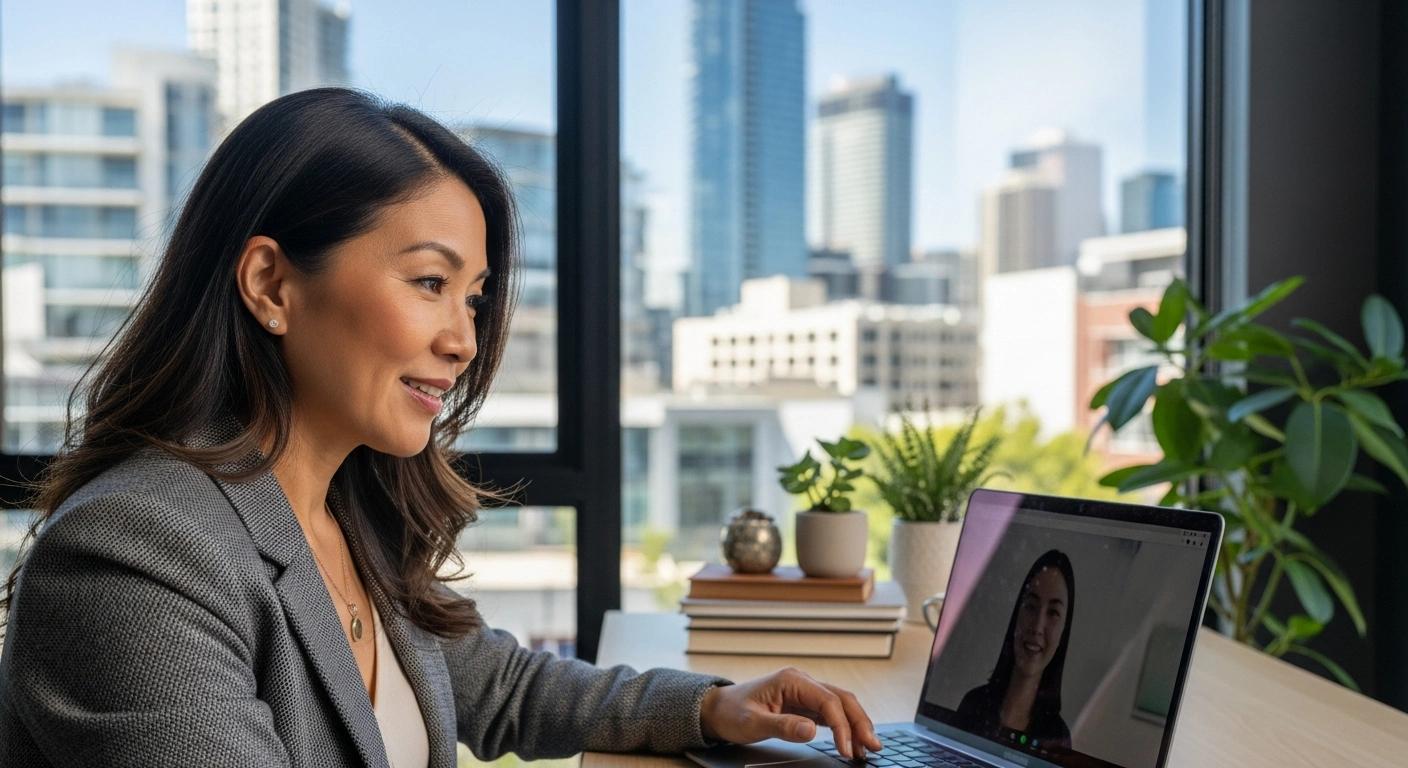 A middle-aged East Asian female career coach interacts with a client via video call in a modern home office, with an urban cityscape visible through a large window.