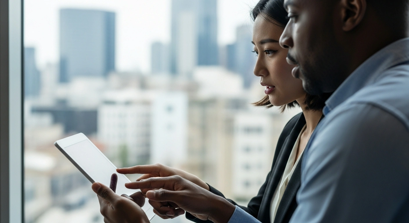 Two consultants of diverse backgrounds collaborate on a digital tablet in a modern co-working space, with a cityscape visible through large windows, capturing a moment of focused teamwork.