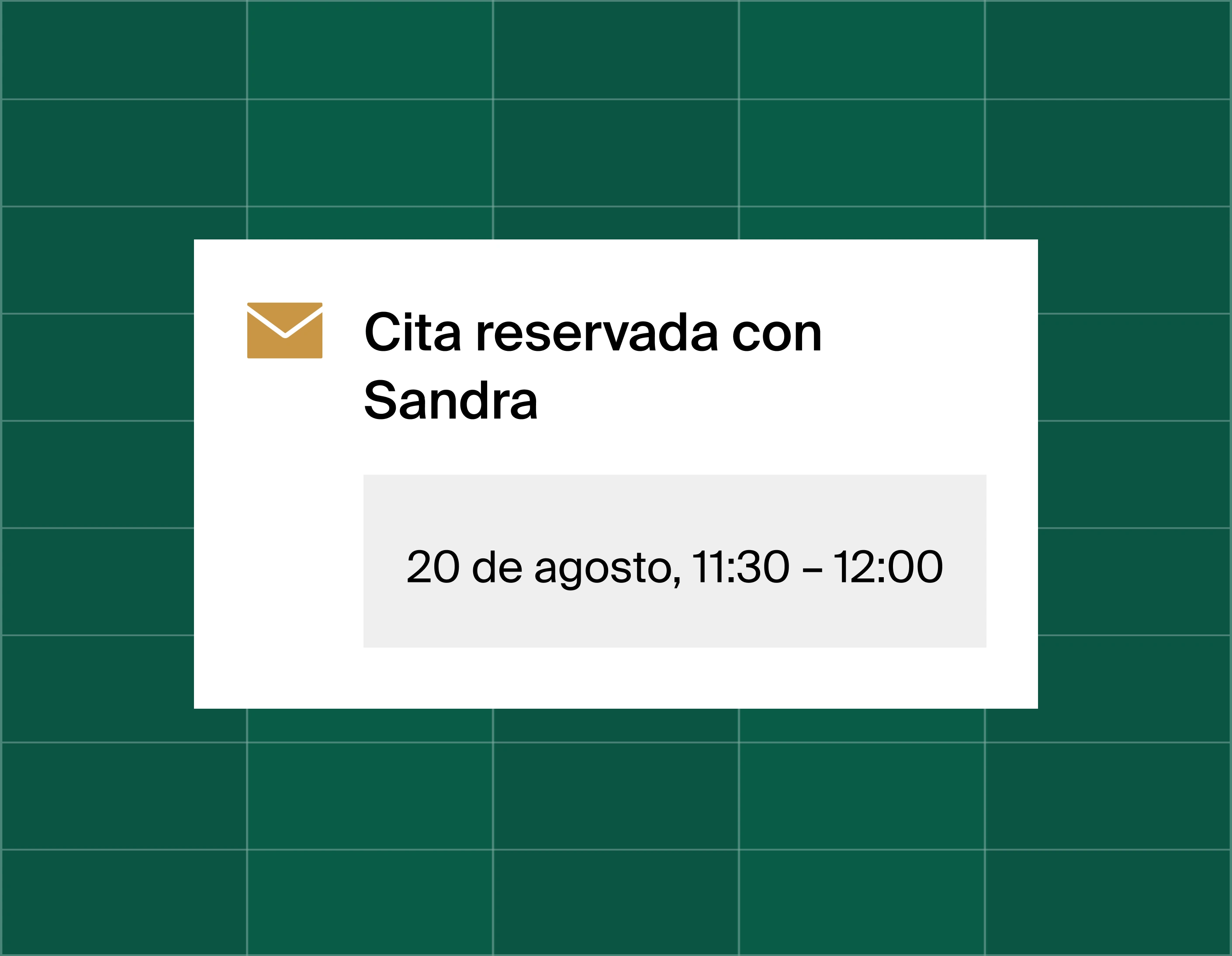 A graphic that shows an email reminder notification stating time booked with Sandra for 30 minutes on August 20, 11:30am