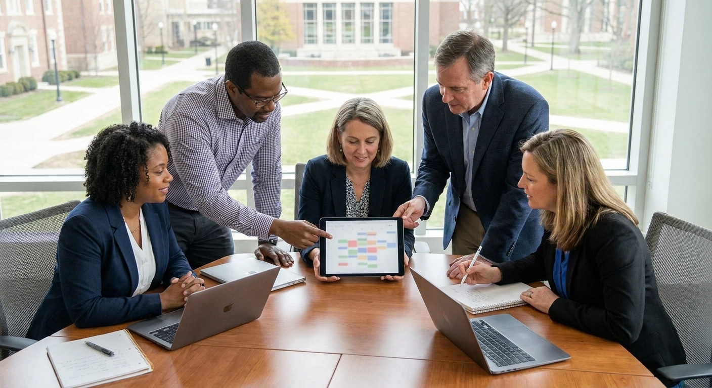 University faculty members coordinating meeting schedules using a digital device in a modern conference room.