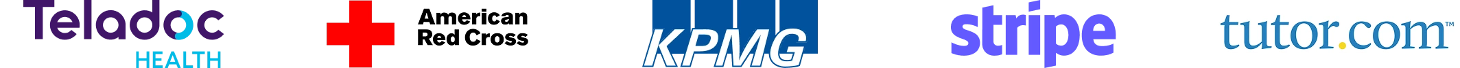 Five logos of the companies Tutor.com, Stripe, American Red Cross, KPMG Advisory, Teladoc Health