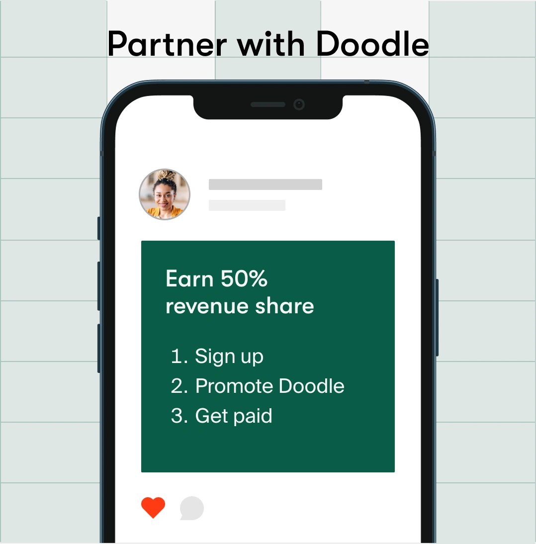A graphic with a smartphone mimicking instagram, showing how one can partner with Doodle as an affiliate by signing up, promoting Doodle, and getting paid.