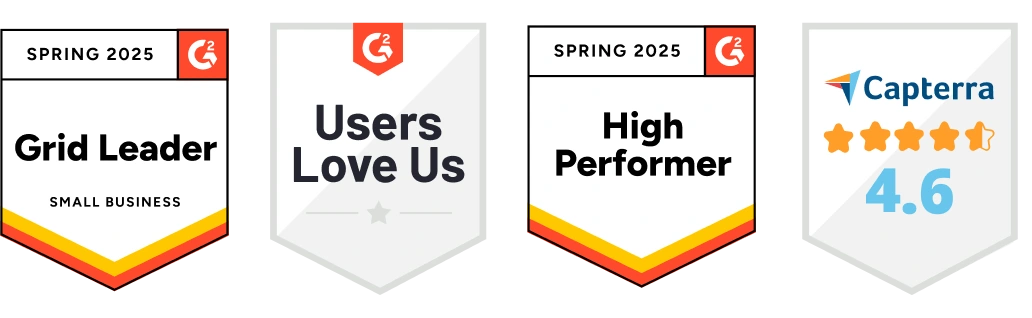 G2 Spring 2025 badges showing three awards: Grid Leader for Small Business, Users Love Us, and High Performer.