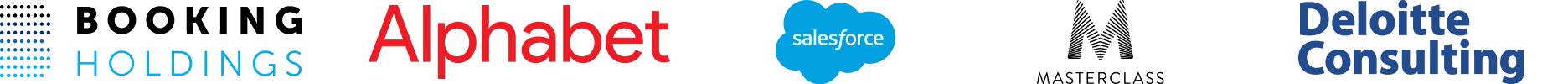 A group of logos including Booking Holdings, Alphabet Inc. (Google), Salesforce, MasterClass, Deloitte Consulting