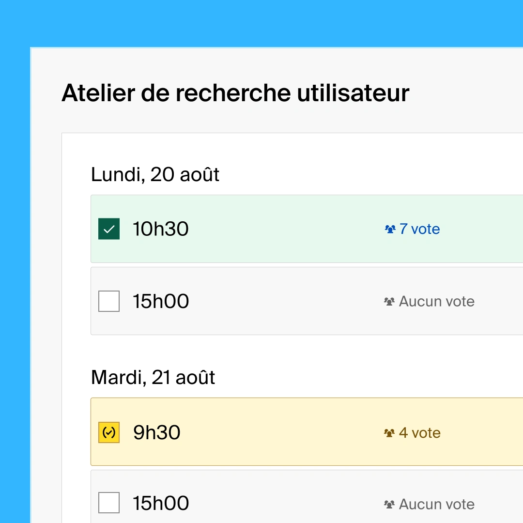 A group poll with a list view of availabilities for a user research workshop