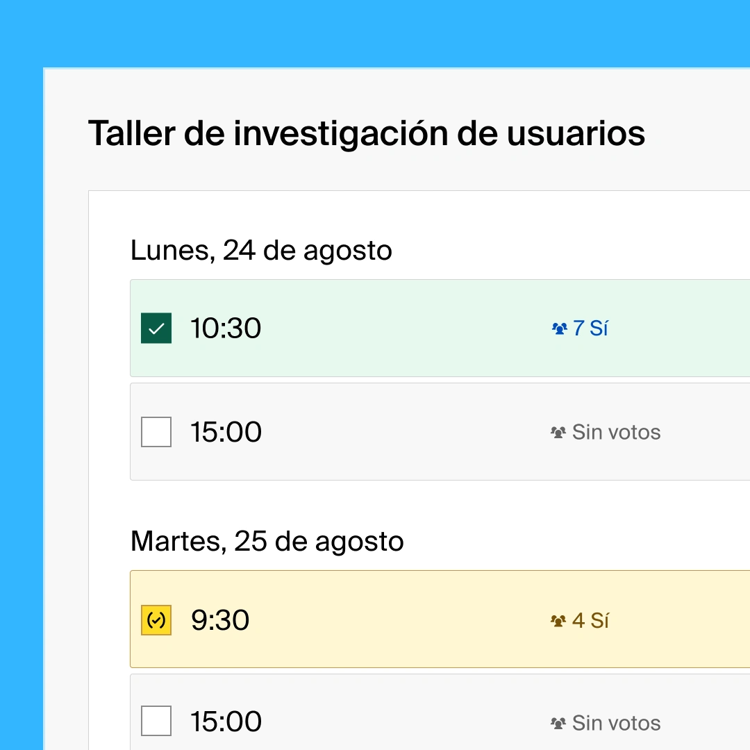 A group poll with a list view of availabilities for a user research workshop