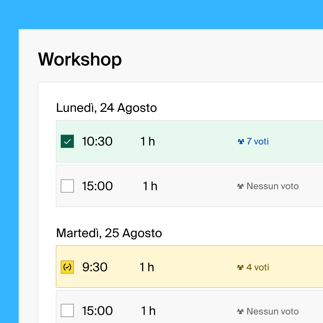 A group poll with a list view of availabilities for a user research workshop