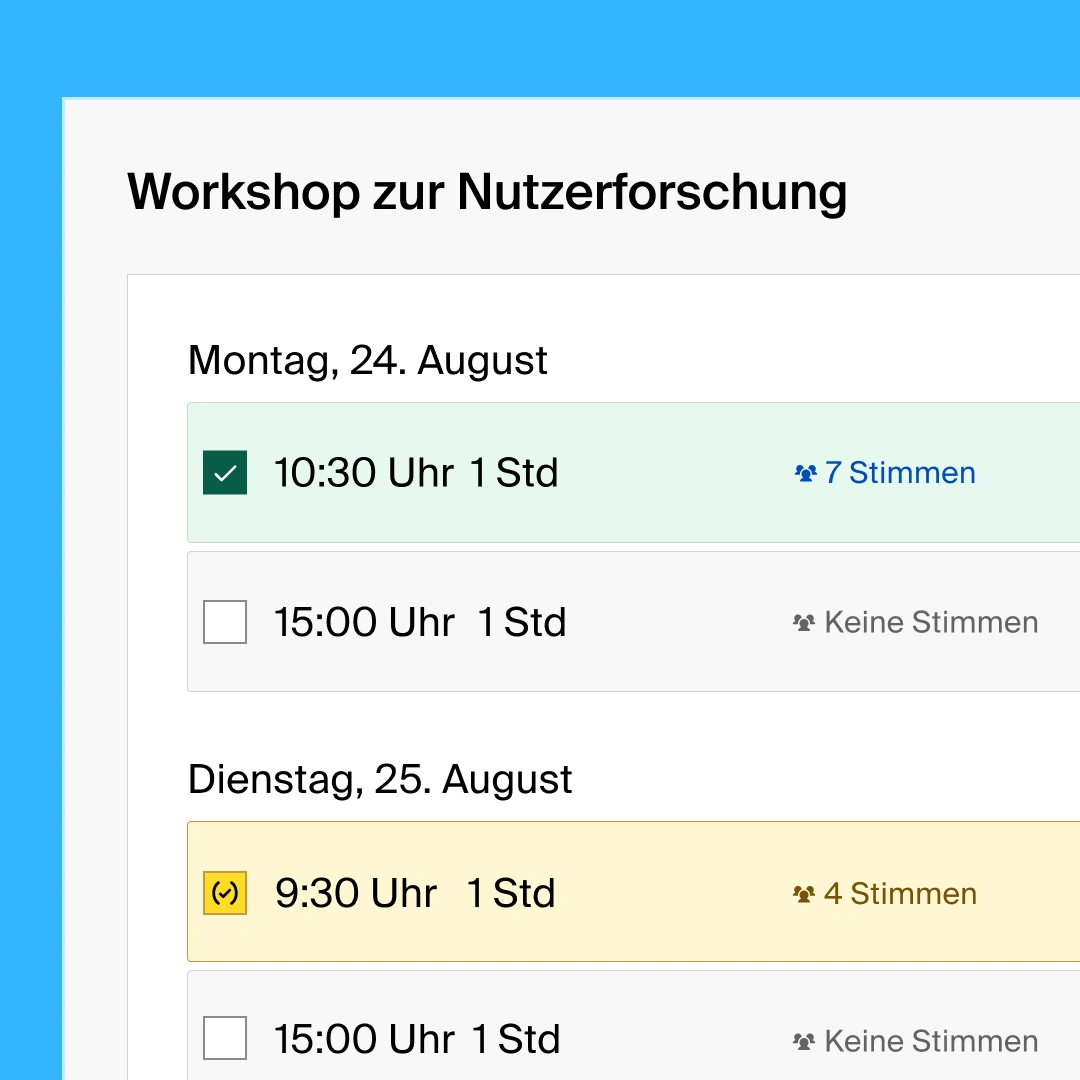 A group poll with a list view of availabilities for a user research workshop
