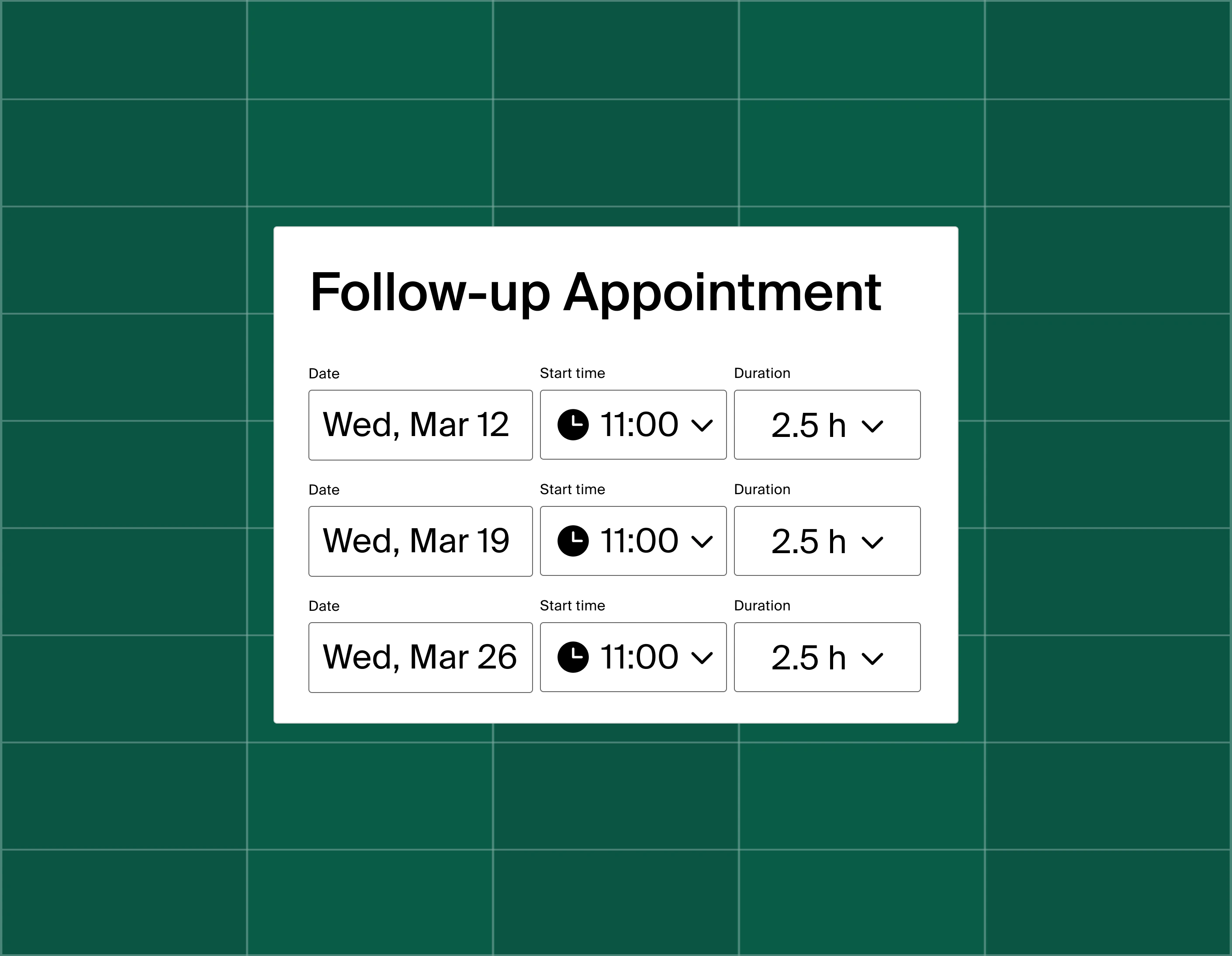 A graphic showing a list of three meeting time options for a follow-up appointment