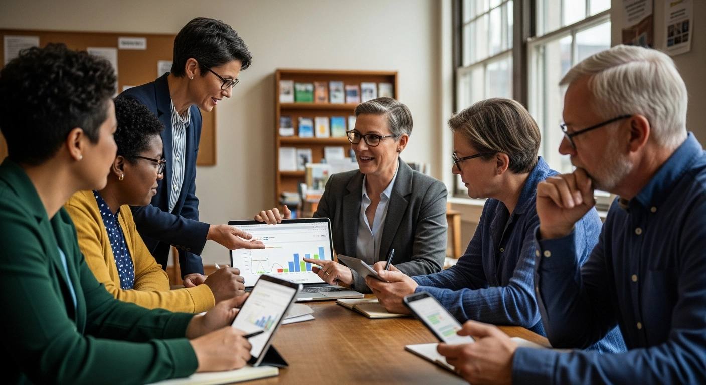 A municipal clerk and a group of elected members in a community center, collaboratively using digital devices to track RSVPs for a town council session.