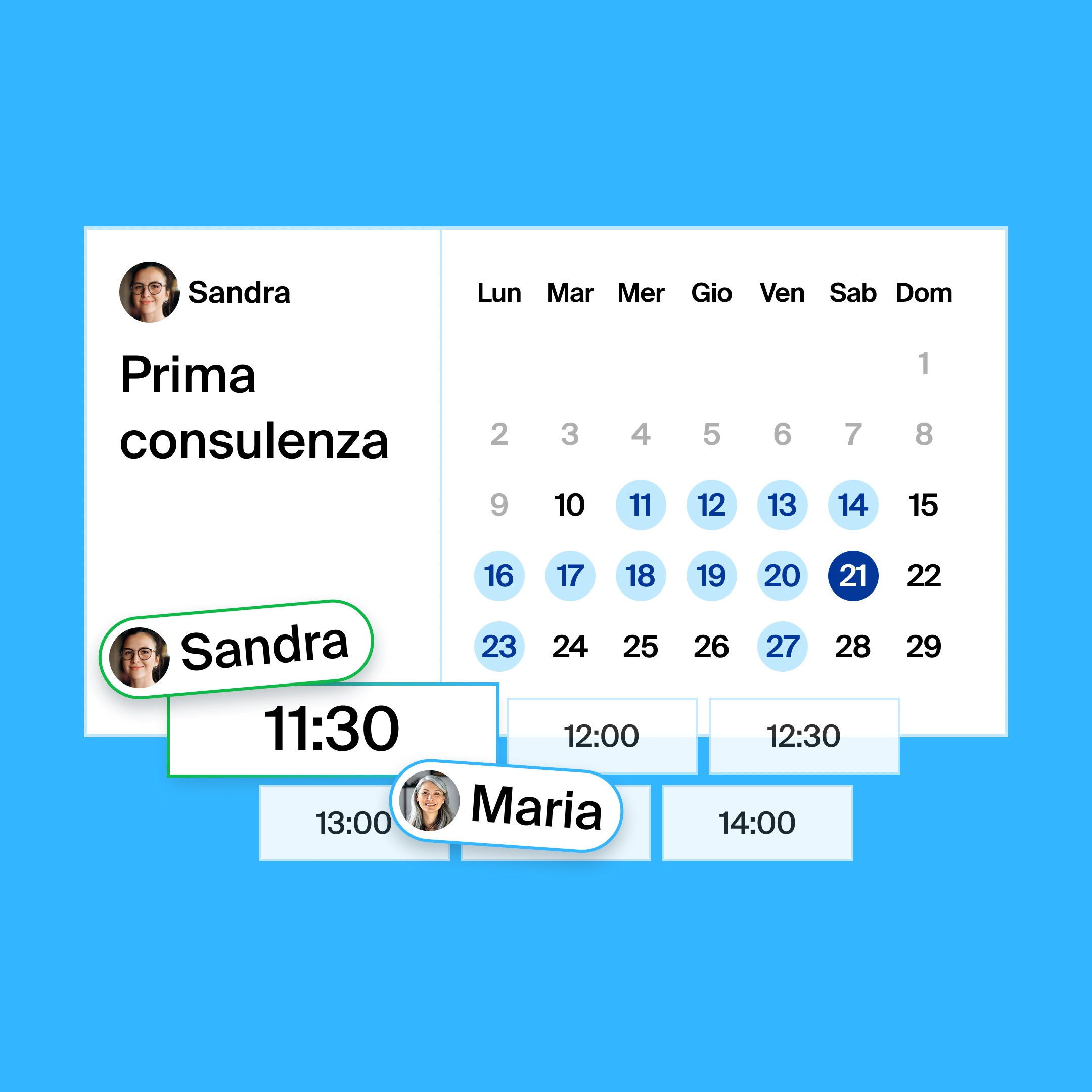a booking page for a first consultation, where the organizer and participant found 11:30am as the common meeting time