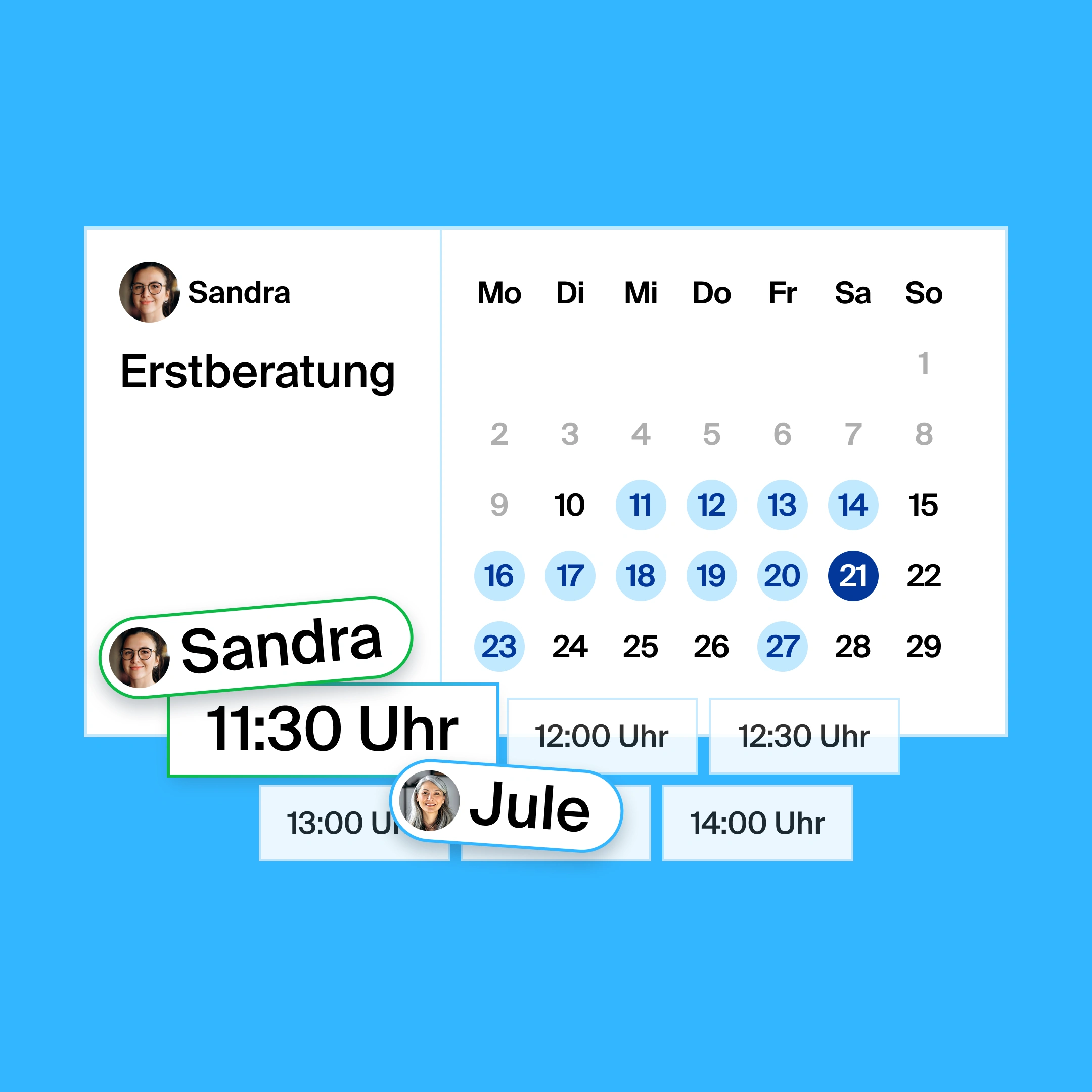 a booking page for a first consultation, where the organizer and participant found 11:30am as the common meeting time