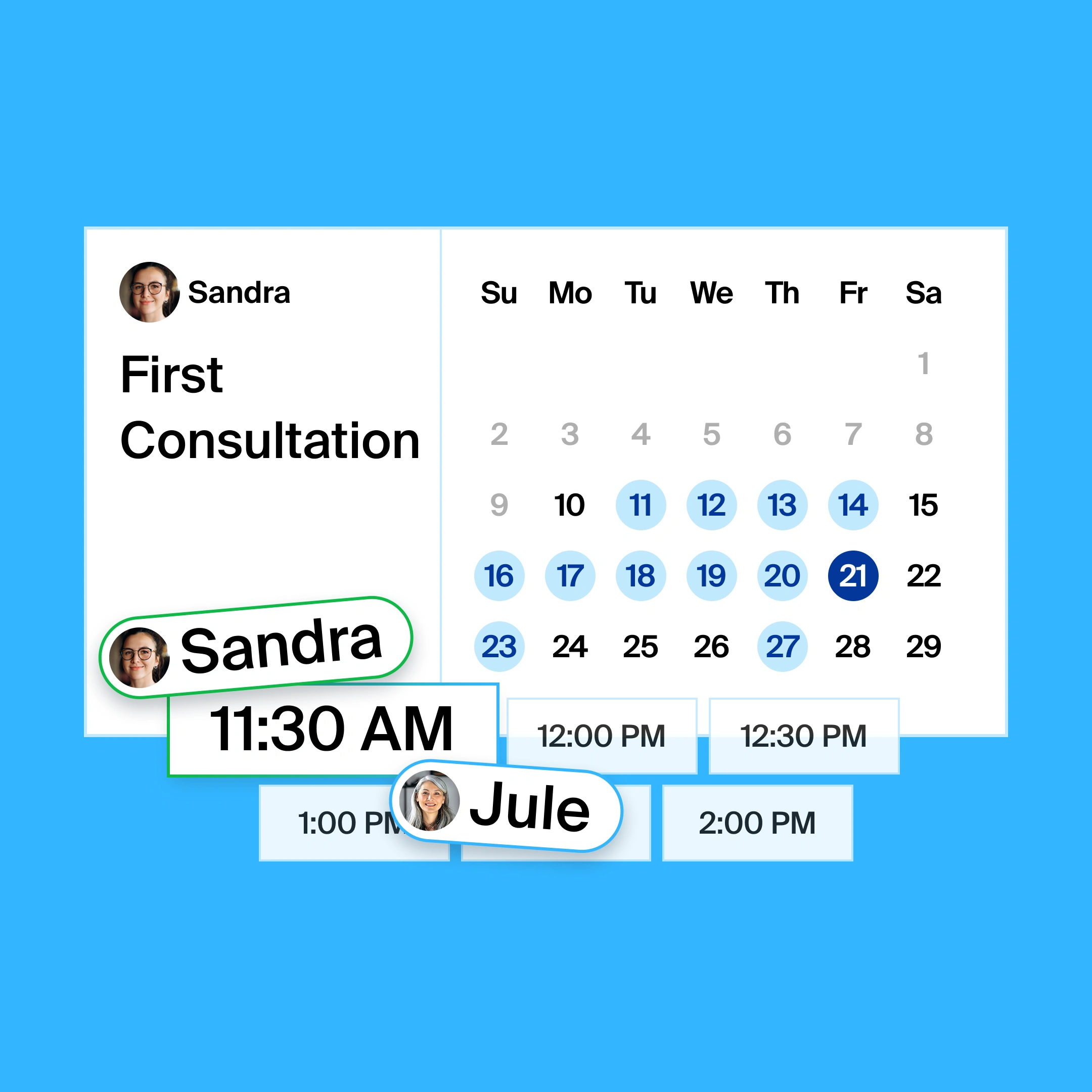 a booking page for a first consultation, where the organizer and participant found 11:30am as the common meeting time