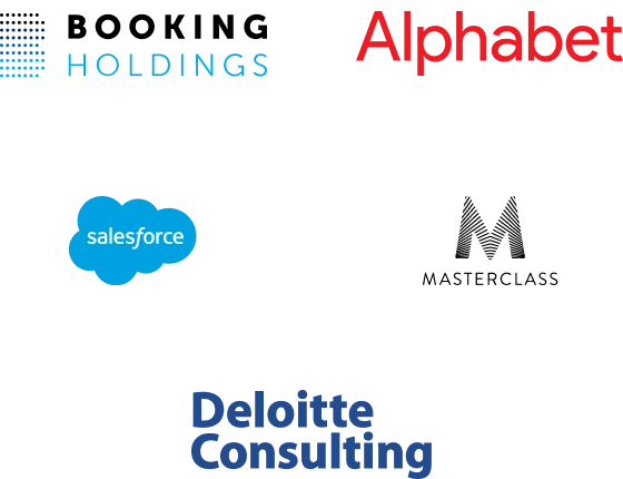 A group of logos including Booking Holdings, Alphabet Inc. (Google), Salesforce, MasterClass, Deloitte Consulting