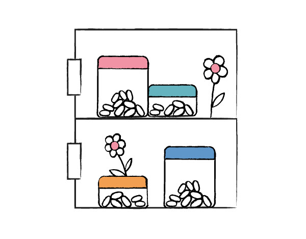Cabinet with glass jars and pills illustration