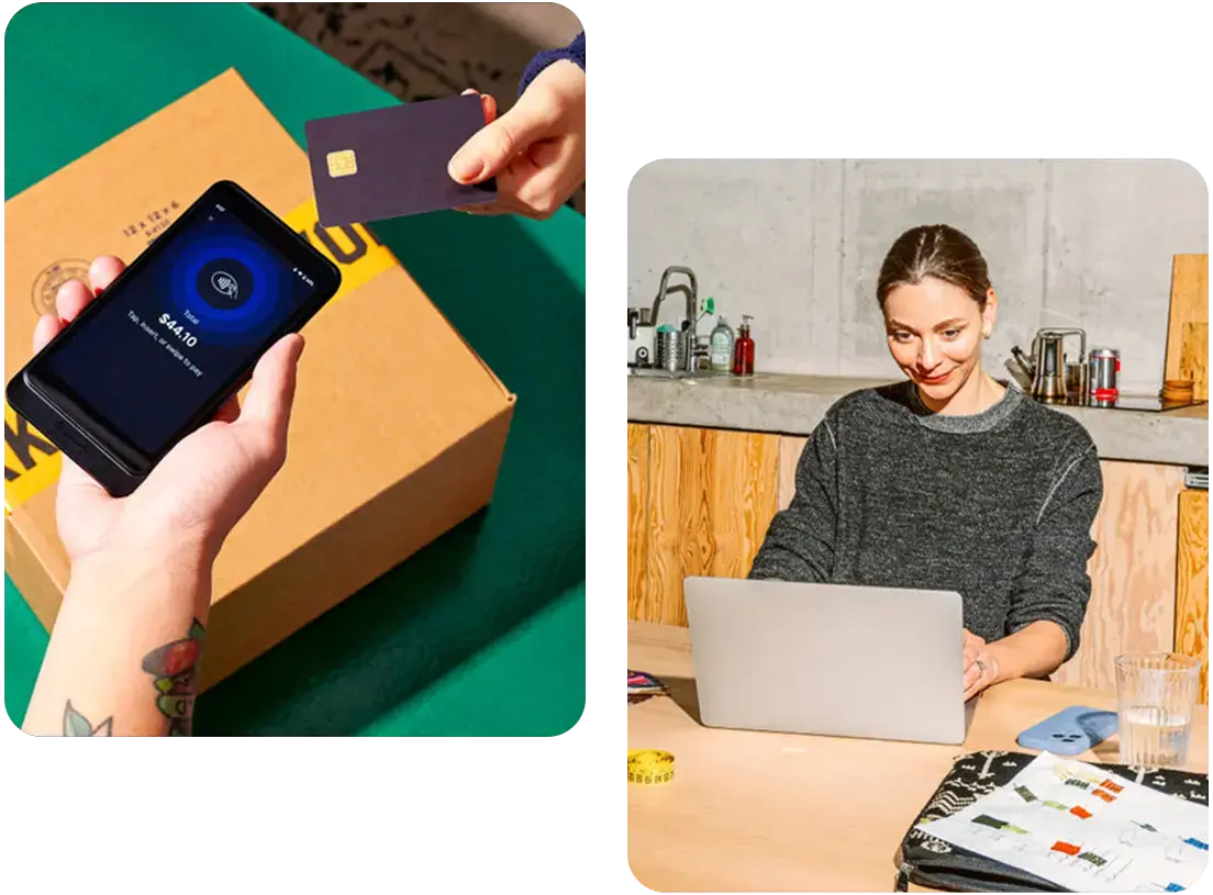 An image of a person paying via Shopify POS and an image of a person working on a laptop.