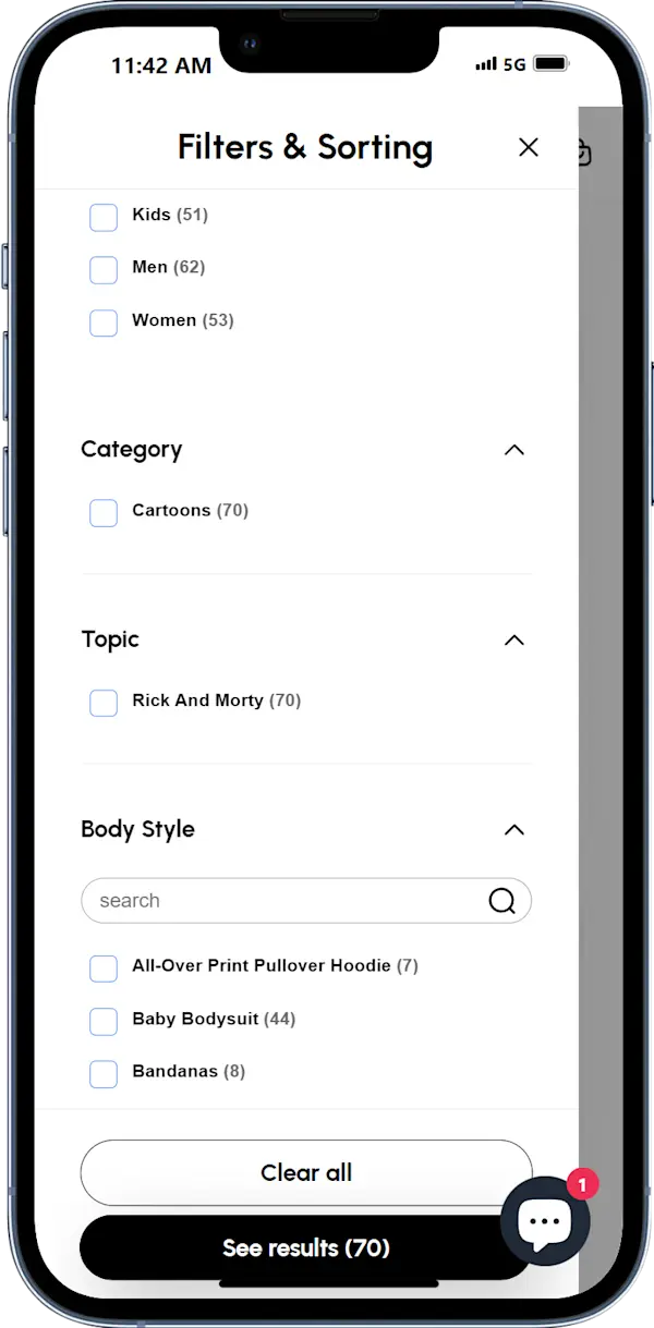The filter section on the collection page of sonsofgotham.com. Viewed on an iPhone.