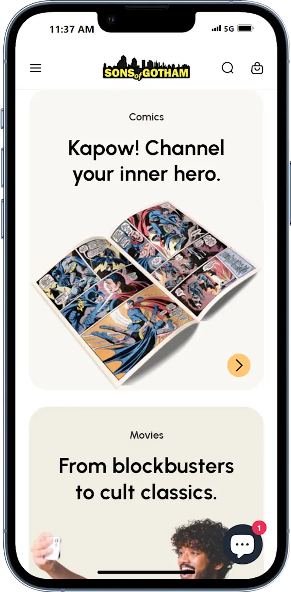 The collections section on the homepage of sonsofgotham.com. Viewed on an iPhone.
