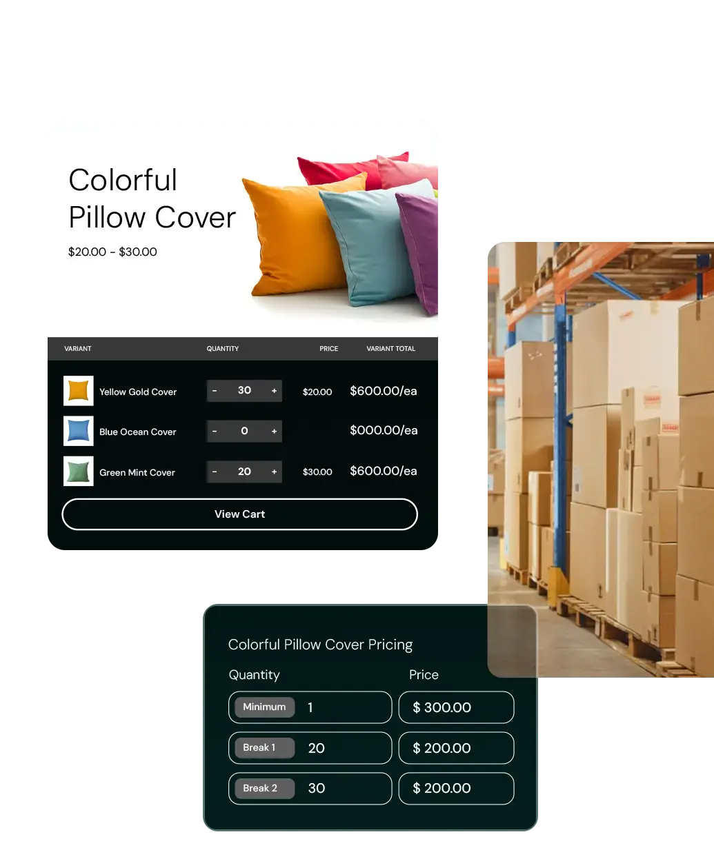 Three images: A colorful pillow cover product, boxes in a warehouse, and a table showing volume pricing breaks.