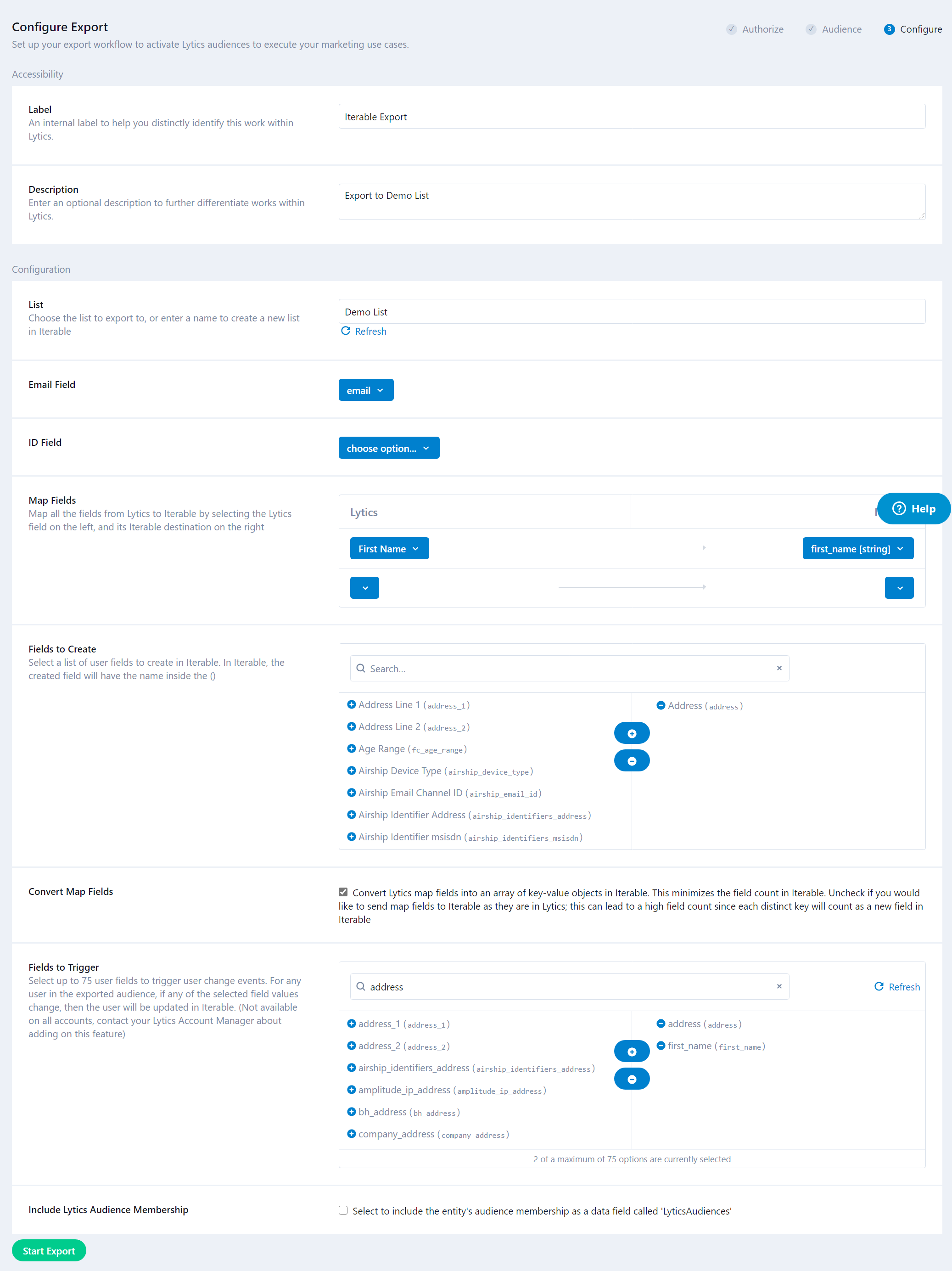 Iterable Export Config