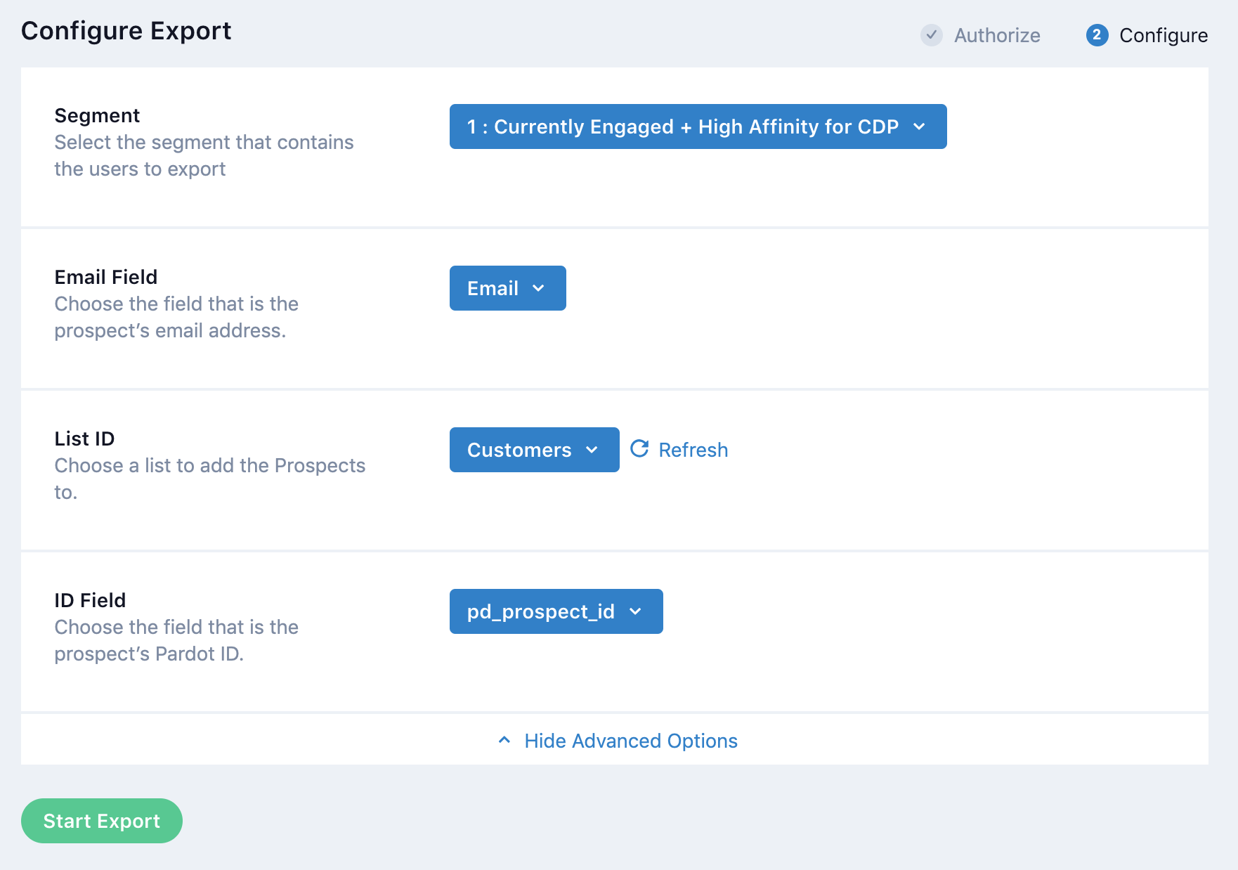 pardot integration export configure