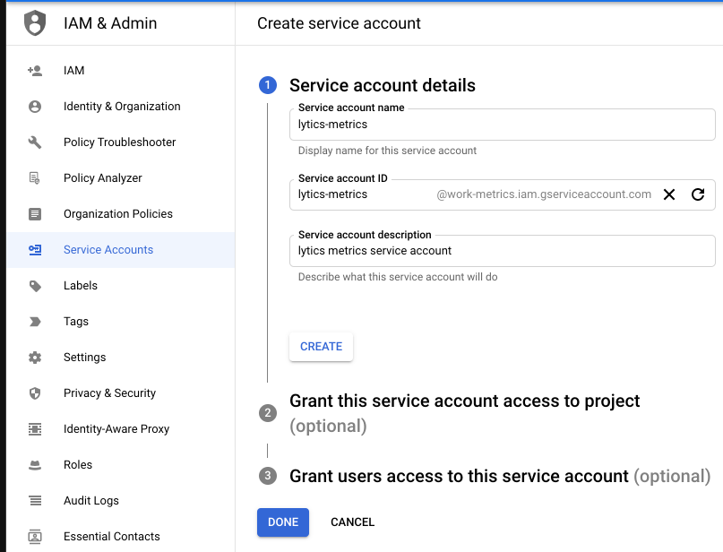 Google stackdriver service account details