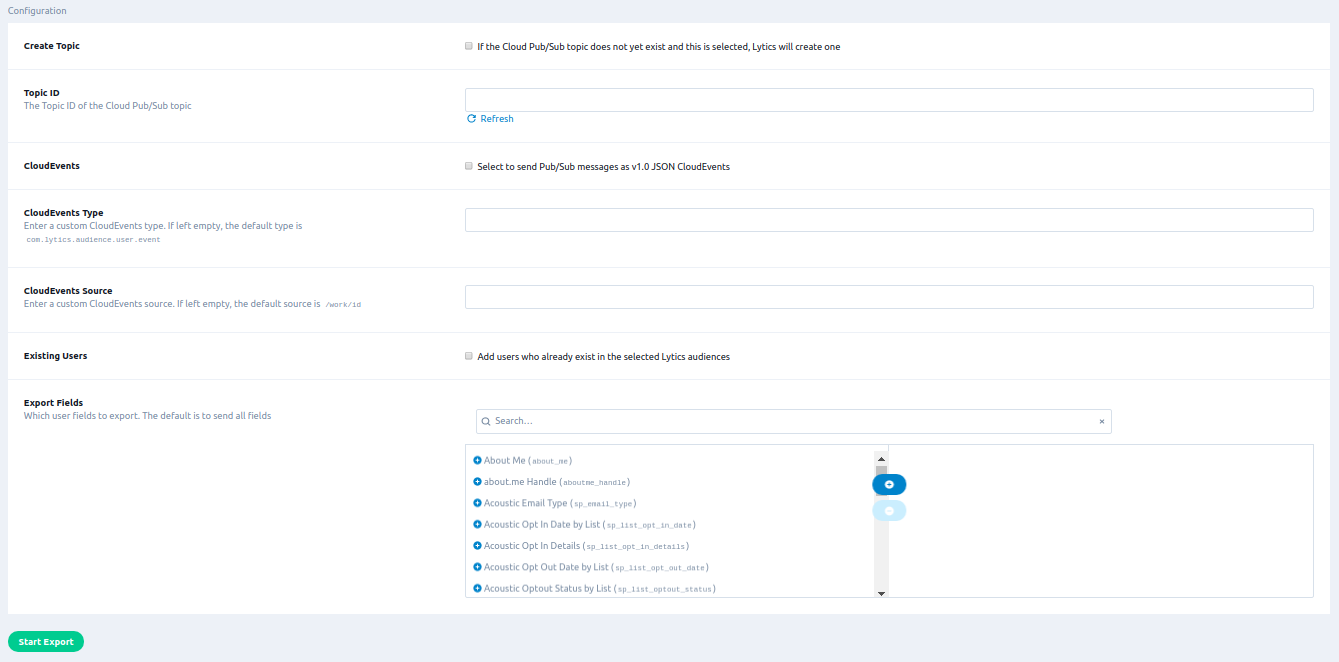 pubsub export configuration 1/22/21