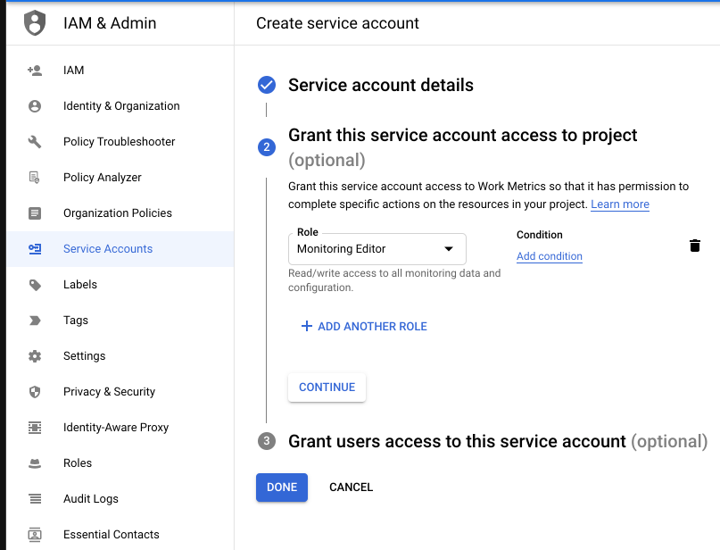 Google Stackdriver grant service account access to project
