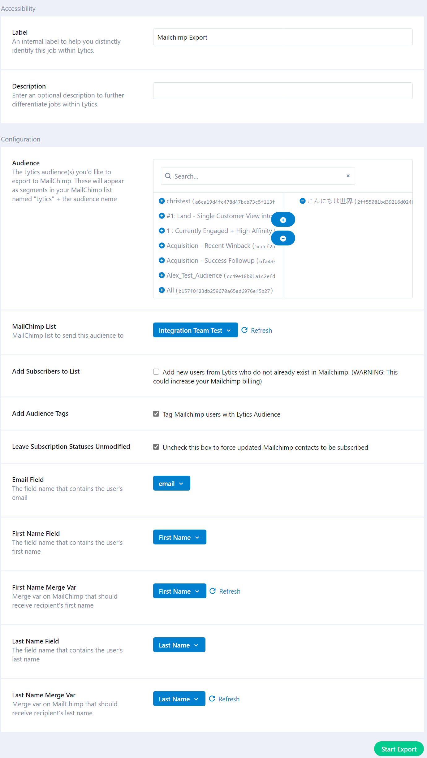 Mailchimp Export Config