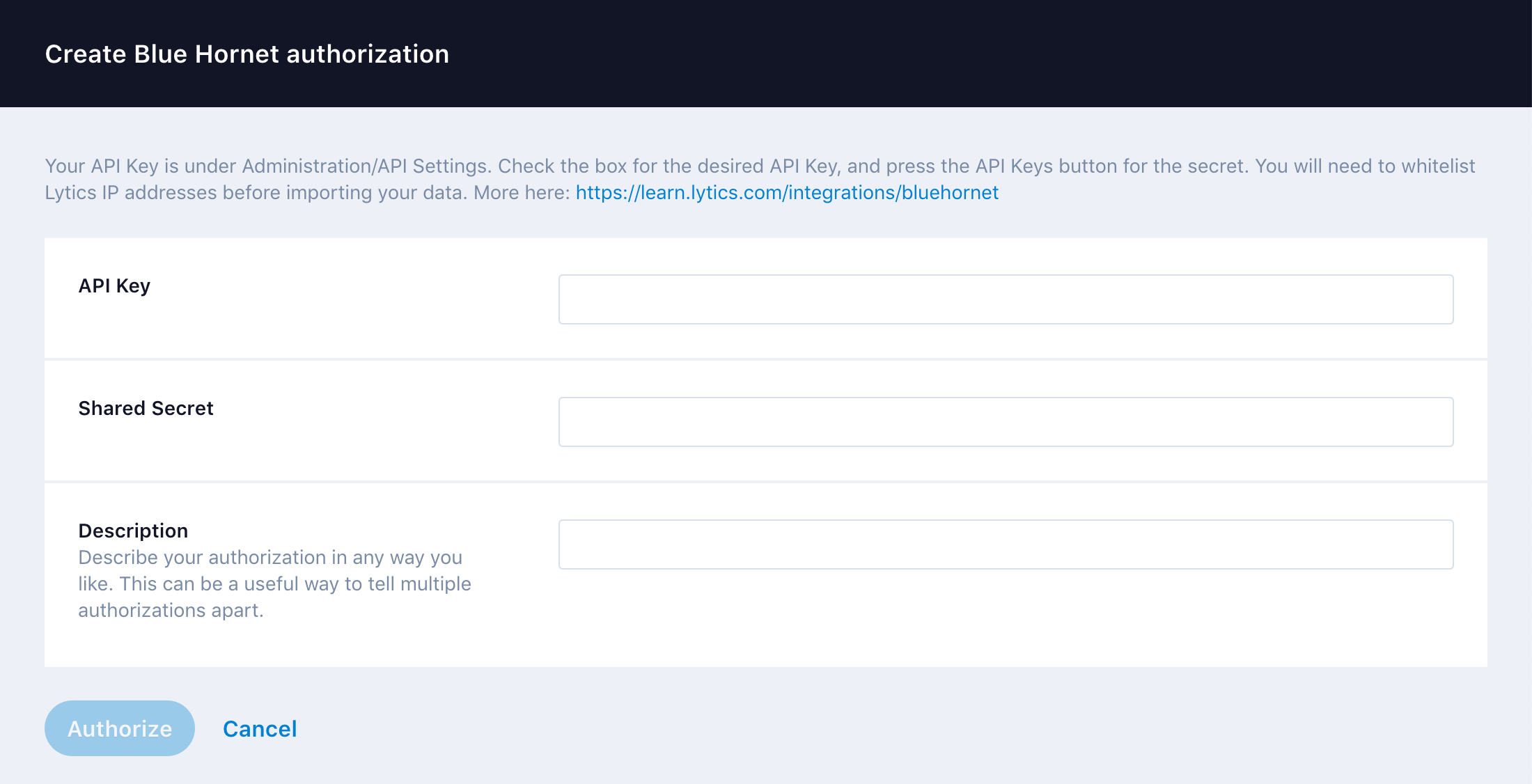 BlueHornet authorization setup