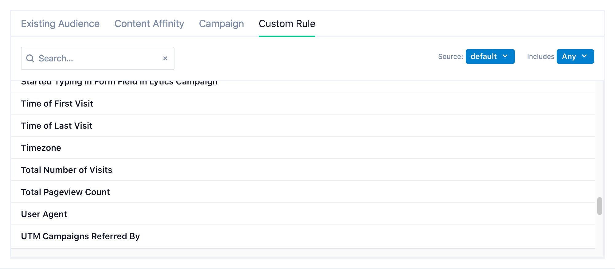 Lytics audience builder custom rule tab