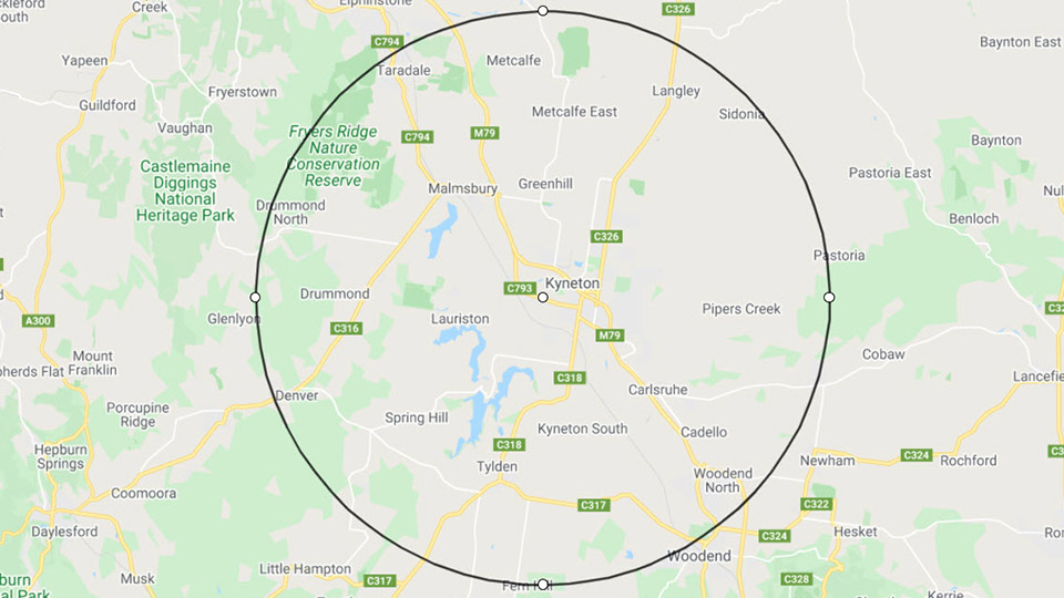 15km Service Area Around Kyneton