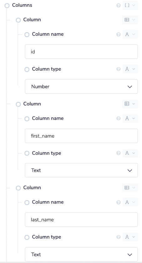 Enter column names and types