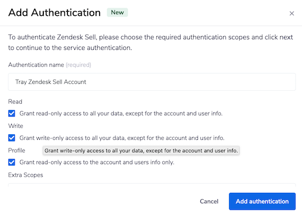 Zendesk Sell auth scopes