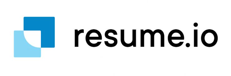 
Resume.io writes in black on a white background with two overlapping squares in light blue and dark blue next to it.