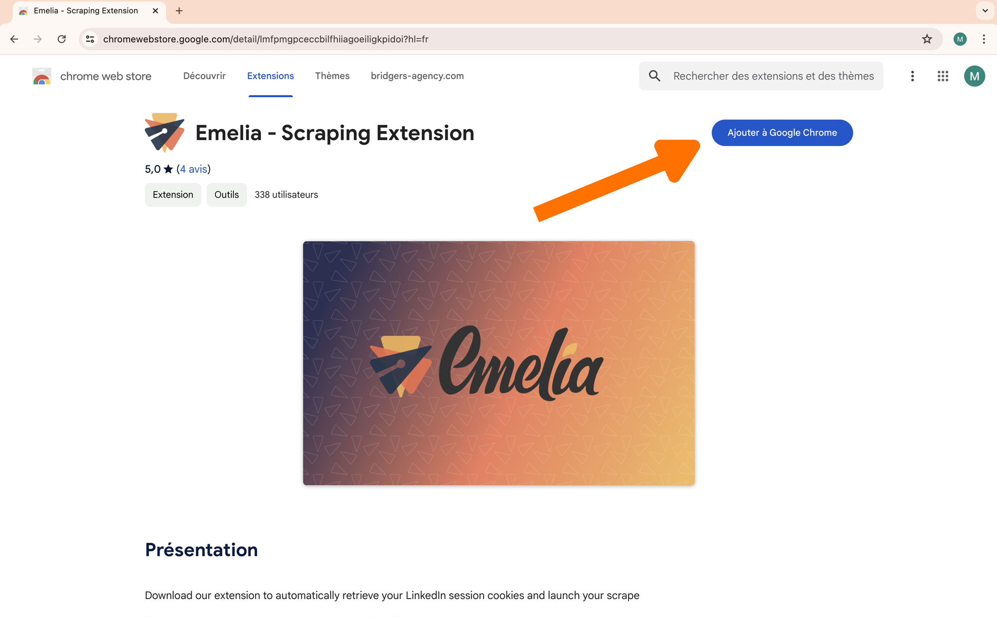capture d'écran du google chrome store extension Emelia pour Scrapper Linkedin Sales Navigator