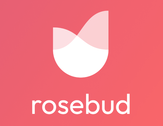 White rose and pale pink rose on a dark pink background with “Rosebud” written in white