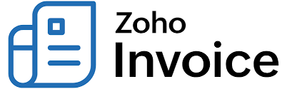Zoho Invoice ecris en noir sur fond blanc et a gauche un logo bleu
