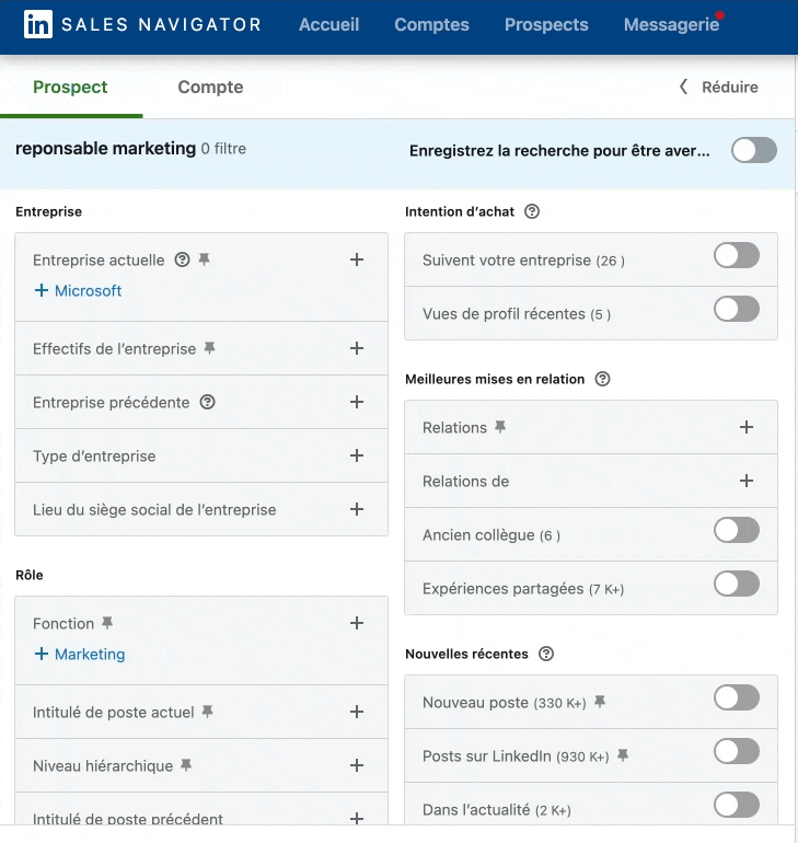 Screenshot of all filters on LinkedIn Sales Navigator