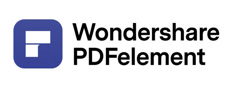  PDFelement par Wondershare ecris en noir sur fond blanc et coté gauche un logo blanc sur fond violet