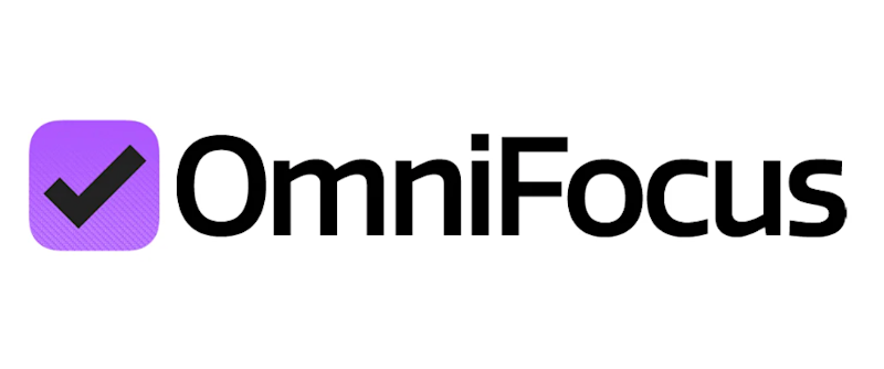 Omnifocus ecris en noir sur fond blanc et cote gauche un logo "validé" en noir et violet