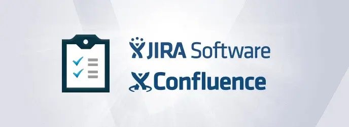 Jira et Confluence ecris en bleu fonce sur fond blanc et gris et a cote une check list