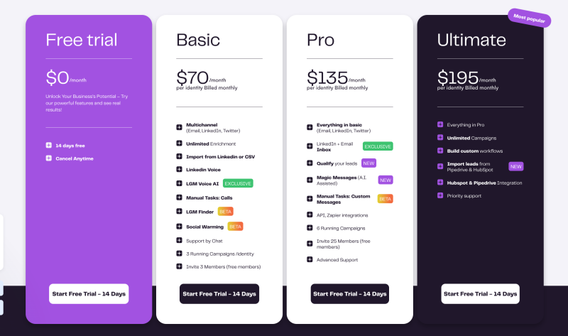 screenshot of pricing of LGM