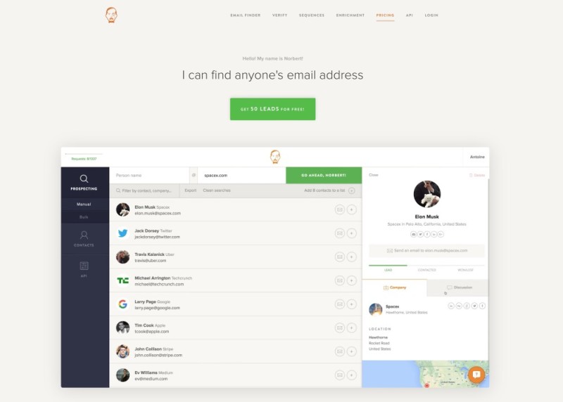 Voila Norbert features: email finder for businesses