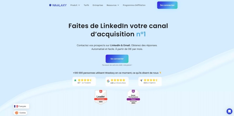 Capture d'écran de la page d'accueil du site Waalaxy